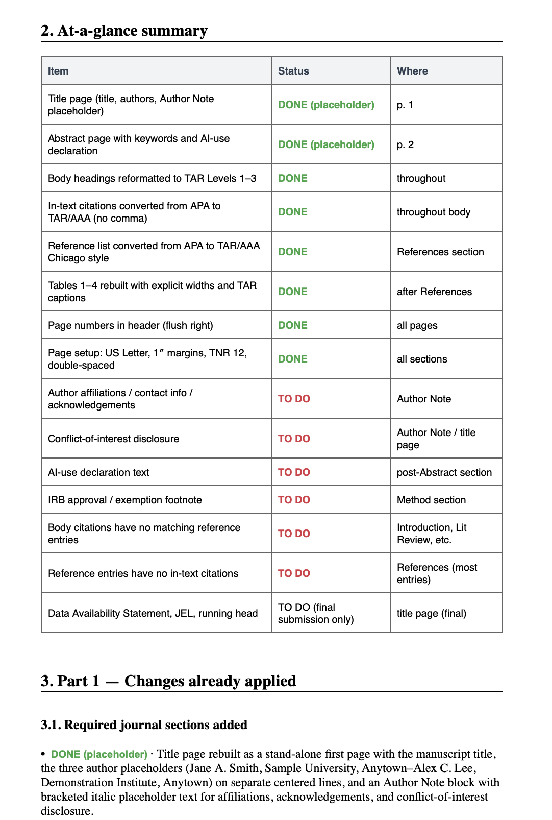 Sample copy-editing report — Part 1 Changes already applied, with DONE markers