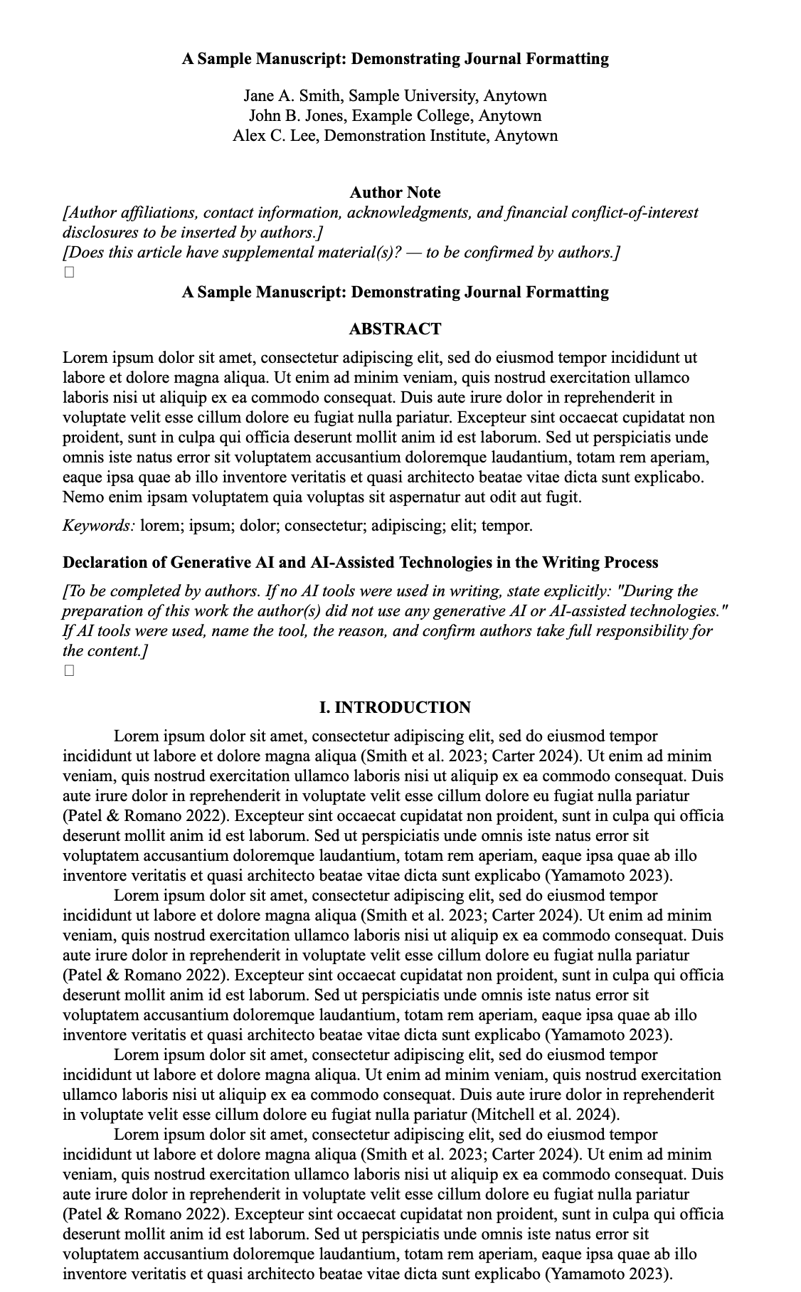 Sample formatted manuscript — TAR style with Lorem Ipsum prose