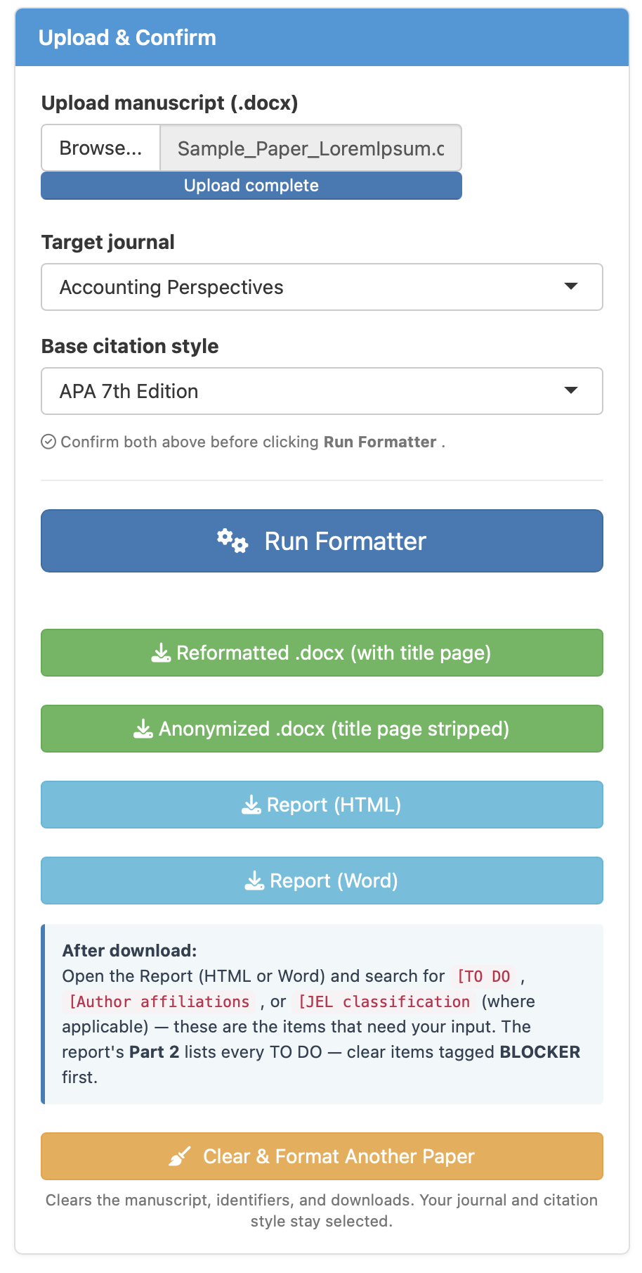 Download row — Reformatted .docx, Anonymized .docx, Report HTML, Report Word, plus an After download note
