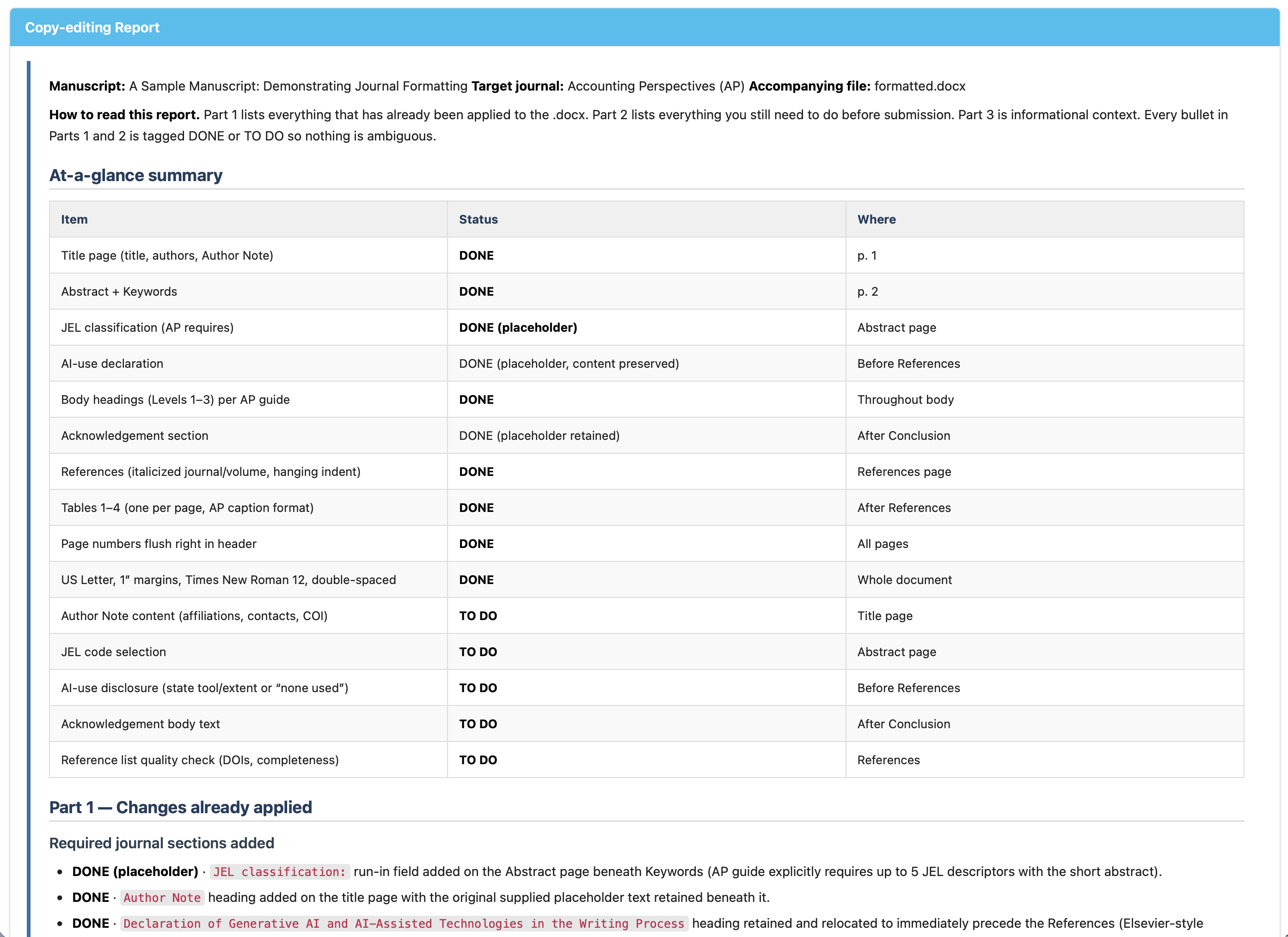 Copy-editing report header with at-a-glance summary table showing DONE and TO DO statuses per section